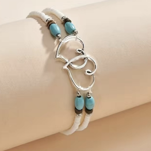 Ankle Bracelet Double Hearts Tiny Beads White With Turquoise Blue NWT - Picture 4 of 5